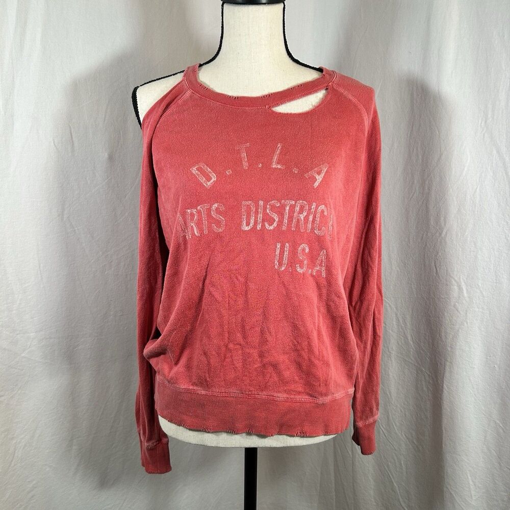 Lucky Brand Distressed Cold Shoulder Red DTLA Arts District Sweatshirt Soft S